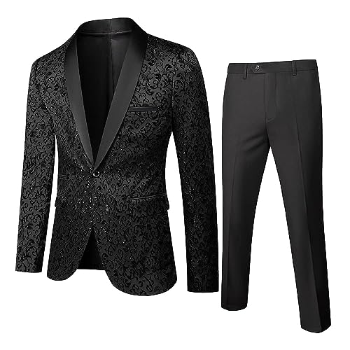 Cloudstyle Mens 2 Piece Floral Jacquard Dress Suit Set 1 Button Print Dinner Jacket Pants