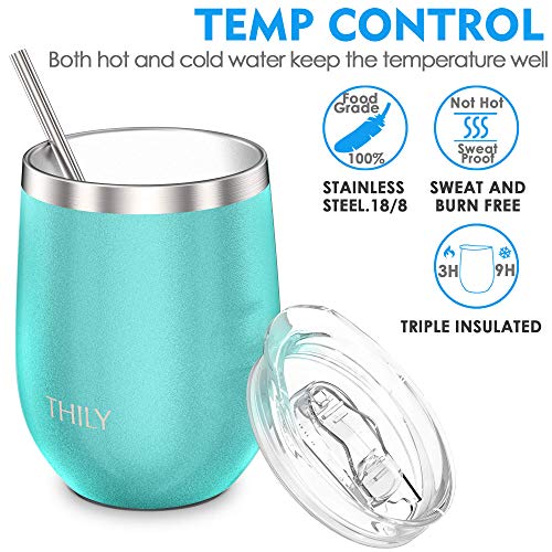 Thily Stainless Steel Stemless Wine Glass T1 Triple Vacuum Insulated Travel Wine Tumbler Cup With Lid And Reusable Straw, 12 Oz, Keep Drinks Cold Or Hot, Teal #TOP1