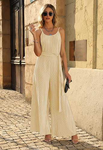 Fixmatti Women Wide Leg Long Pants Romper Spaghetti Straps Sleeveless Pleated Y2K Tie Knot Backless Jumpsuit Yellow S #TOP1