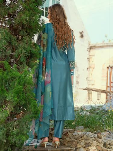 Image of INDO ERA Women's A-Line Cotton Blend Floral Embroidered Kurta & Pant With Dupatta Set (IEOUT11375)