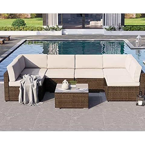 HOMPUS 7-Pieces Outdoor Patio Furniture Set Brown Wicker Outside Modular Sectional Sofa Set Outside L Shaped Couch w Blue Cushions,Pillows,Coffee Table Patio Conversation Sets for Backyard,Garden,Deck Cover