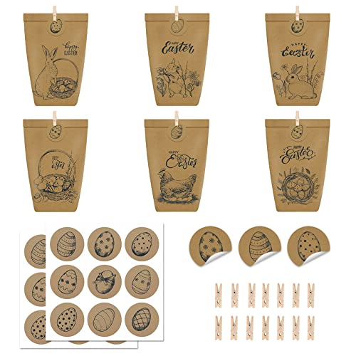 12 Sacs Cadeau Pâques Enfant - Sachet Kraft avec Autocollant de Paques - DIY Pochette avec Stickers Poussin Lapin Oeuf pour Emballage Bonbons Cadeaux Pâques Enfants Cover