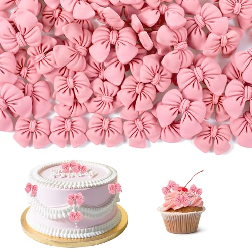 DOPENSPI 64 Stück 2 Stile und Größen Cupcake-Topper mit rosa Schleifenicht essbar Cupcake-Topper mit Schleife, süße rosa Schleife, Kuchendekoration für Hochzeit Party Geburtstag Dusche