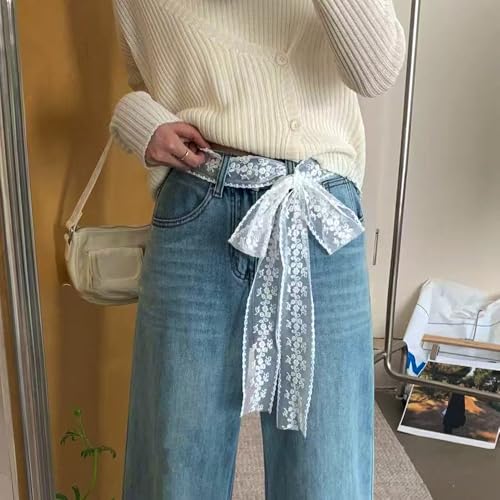 White Lace Ribbon Scarf Belt Fancy Long Lace Scarf Belts for Women Waist Belts for Jeans Floral Bow Waistband Tie Belt Soft Mesh Fabric Waist Scarves Headscarf Women's Streetwear Accessories4