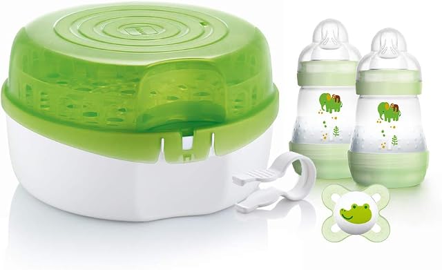 MAM Microwave Steam Steriliser, Comes with 2 x MAM Easy Start Self Sterilising Anti-Colic Baby Bottles and Baby Soother, Bottle Steriliser for Babies