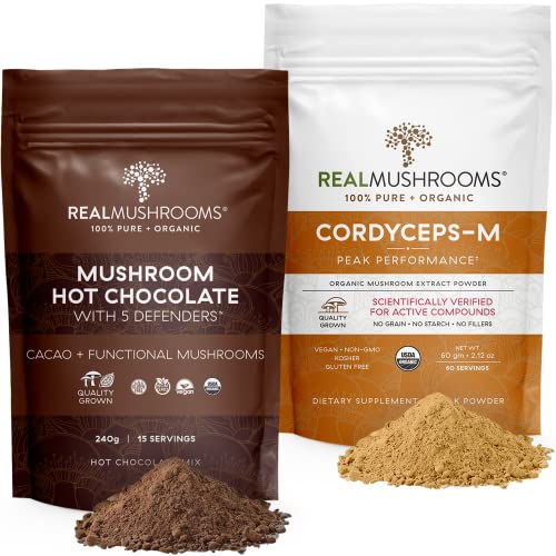 Real Mushrooms Hot Chocolate Mix (15 Servings) And Cordyceps (60 Servings) Powder Bundle - Mushroom Powder Supplement For Energy, Stamina, & Daily Immune Support - Gluten-Free, Non-Gmo, Vegan #TOP19