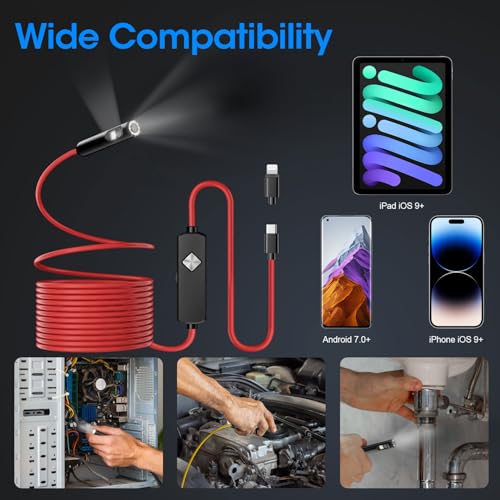 Image of Endoscope with Light, 1920P HD Borescope with 8 Adjustable LED Lights, Semi-Rigid Snake Camera, IP67 Waterproof Inspection Tool (32.8ft Wiring Harness, Red Harness + Dual Lens)