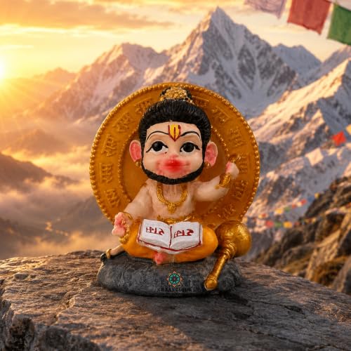 Image of Ram Ram Bal Hanuman Idol for Home Decor & Pooja | Marble Dust Hanuman Ji Murti with Ram Naam & Gada | Matte Finish Multicolor Statue (3.5 Inch)