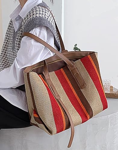 Bolso de hombro grande de lona con correa de cuero PU miniatura 3