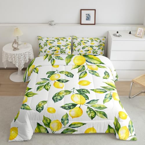 Lemon Comforter Set for Girls Boys Kids Botanical Lemon Pattern Comforter Room Decorative Tropical Fruit Bedding Set Yellow Green Duvet Set Room Decor Quilt Set Queen Size