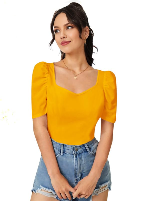navyankaa Women's Sweetheart Neck Short Puff Sleeve Slim Fit Casual Tee Top, 23" inches (Top-Mentos-PRNI)-picture-30