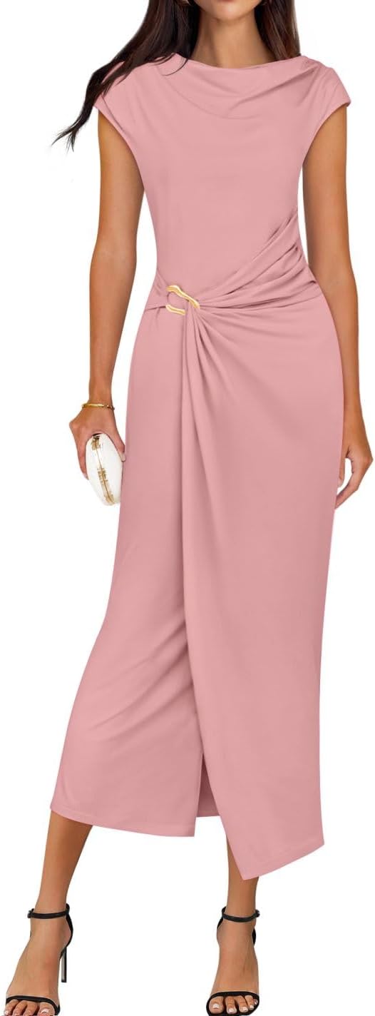 ZESICA Women's 2026 Summer Mock Neck Casual Bodycon Dress Cap Sleeve Elegant Cocktail Party Long Midi Dresses