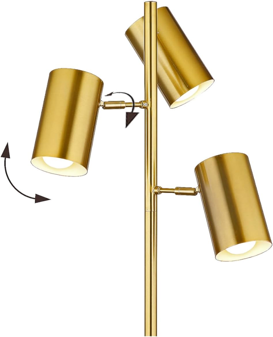 Tree Floor Lamp with 3 Light Bulbs,Gold Standing Tall Pole Lamp with 3 Adjustable Rotating Lights,Farmhouse Floor Lamp for Living Room Bedroom Office,Vintage Standing Lamp 9W E26 LED Bulbs Included