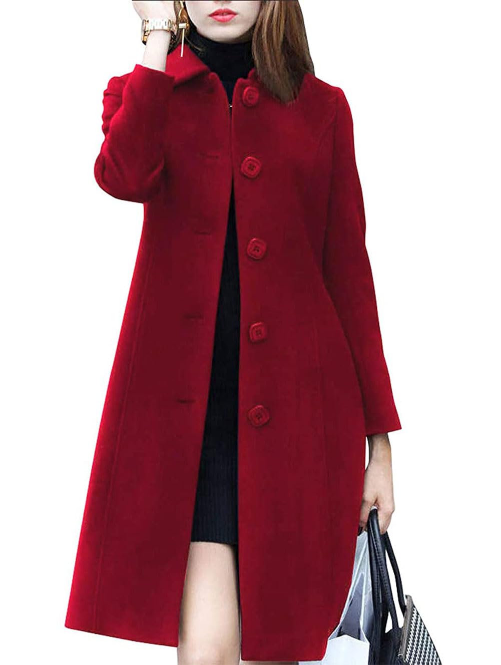 Women's Lapel Single Breasted Mid-Long Classic Solid Color Slim Fit Wool Blend Coat-picture-20