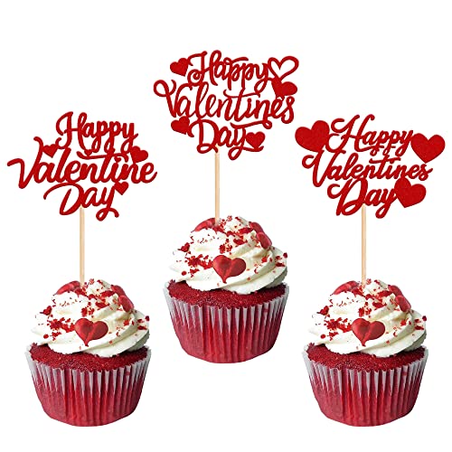 Rsstarxi 30 Pack Happy Valentine's Day Cupcake Toppers Glitter Love Heart Cupcake Picks for Valentine's Day Theme Wedding Engagement Valentine Party Cake Decorations Supplies Red