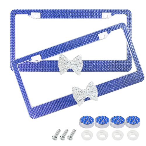 SCUARI Car Rhinestone License Plate Frame,Bling License Plate Frame,Cute Girly Car Accessories,Shiny Rhinestones Premium Licenses Plates Holder with Mounting Bolts,Fits Cars,SUVs (Dark Blue&White)