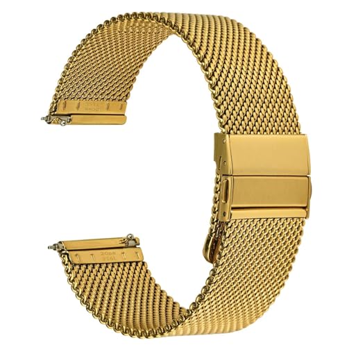 WOCCI 18mm Correa Reloj de Metal Tejido de Malla para Mujer y Hombre, Acero Inoxidable 316L, Liberación Rápida, Cierre Plegable Mejorado (Oro)