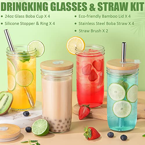 Glass Cups Set Reusable Boba Cup Smoothie Cups 4 Pack, 24Oz Wide Mouth Mason Jars Drinking Glasses With Bamboo Lids And Straws, Bubble Tea Cup Iced Coffee Travel Tumbler For Large Pearl Christmas Gift #TOP2