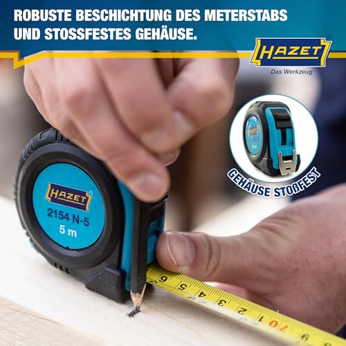 HAZET Maßband 2154N-5, 5 Meter, reduziertes Abknickverhalten und widerstandsfähige Beschichtung, automatisches Einziehen durch Qualitätsfeder und doppelte Bandmaß Beschriftung