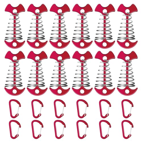 12 Pack Deck Anchors Pegs with Carabiners - Aluminum Rope Tensioner; Tent Tie Down Stakes, Windproof Canopy Tent Anchors, Outdoor Camping Accessories