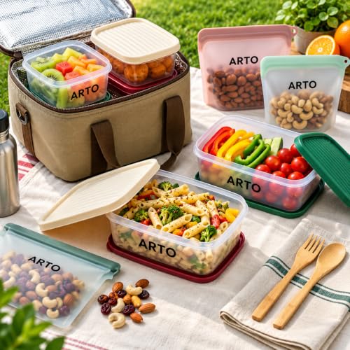 Image of Arto Food Storage Containers Set of 3, 1100ml Airtight & Leak Proof Transparent Fridge Organizer with Coloured Lids - Stackable, Food Grade Plastic for Kitchen, Pantry, Cereals & Vegetables