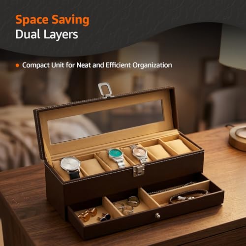 Image of Amazon Basics Sliding Drawer 6-Slot Watch and Jewelry Organizer - Faux Leather & MDF Storage Box for Men and Women, Brown