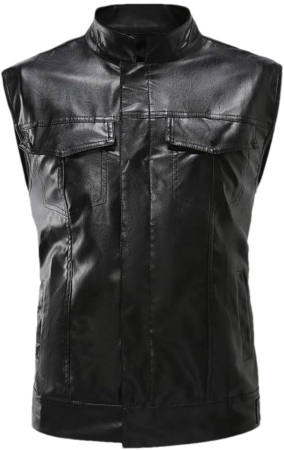 Men's Solid Color Casual Stand-Up Collar Pocket Stitching Simple PU Imitation Leather Vest
