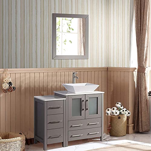 Vanity Art 36 Inch Single Sink Bathroom Vanity Compact Set 1 Shelf 5 Dove-Tailed Drawers Quartz Top And Ceramic Vessel Sink Bathroom Cabinet With Free Mirror Va3124-36-G #TOP4