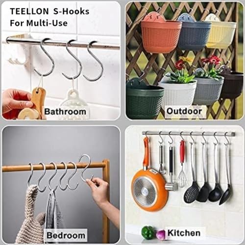 Image of 100% Stainless Steel S Hooks (Pack of 15) S Shaped Hook for Hanging Heavy Duty for Kitchen Cutlery, Bathroom Towels, Curtain rods, Potted Plants, Pan, Pot, Coat (5mm,3.5 Inch in Length)