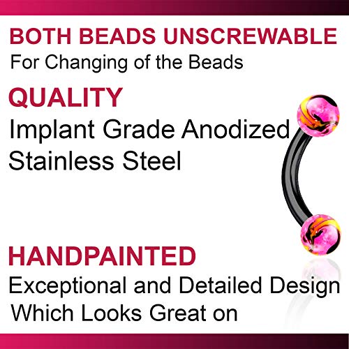 Bodyjewellery 2Pcs 16G Curved Barbell Septum Cartilage Lobe Eyebrow Tragus Rook Helix Black Anodized Steel Hand Painted 02 Ball - 6Mm #TOP4