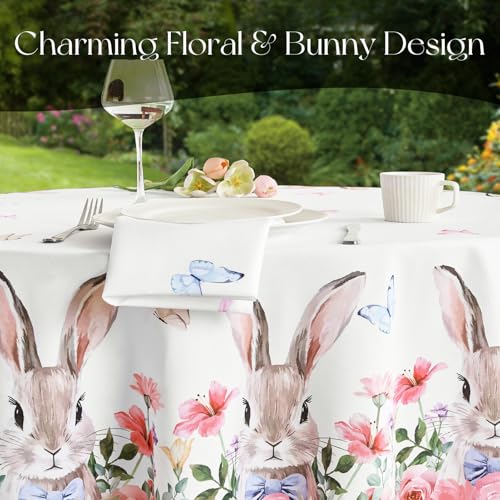 FIBORIA Tischdecken rund Ostern 160 cm Abwaschbare Hase Mit Rosa Blumenmotiv Tischdecken Weiß Outdoor Wasserabweisend Modern Runde Tischtuch Für Gartentisch Frühling Garten Geburtstag Küche Party