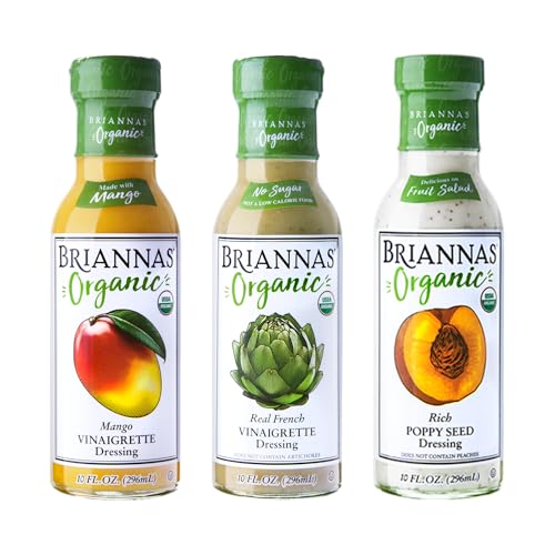 BRIANNAS - Certified Organic & Kosher Dressing Variety Pack - Mango Vinaigrette, Real French Vinaigrette, & Rich Poppy Seed - Made with Premium Ingredients - 10 oz. Bottles - 3 Pack