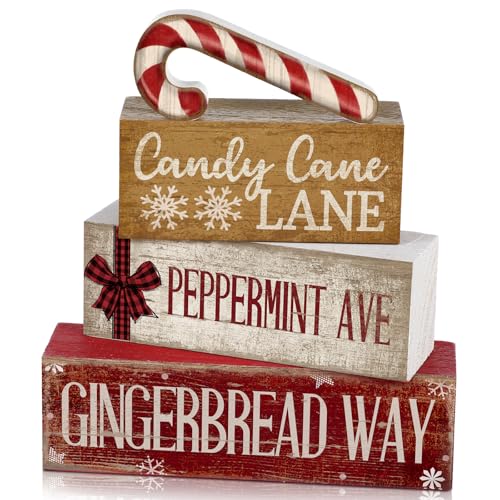 Image of Moucuny 4 Pcs Christmas Table Decor Wooden Candy Cane Decoration Christmas Centerpiece Winter Tiered Tray Decor Red and White Stripes Candy Cane Block Signs Gift Farmhouse Xmas Decoration for Kitchen