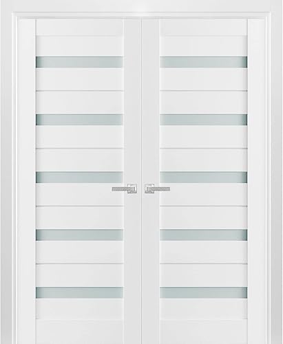 SARTODOORS Puertas dobles francesas macizas de vidrio esmerilado de 60 x 80 pulgadas Quadro 4445 seda blanca Marcos de panel sólido de madera