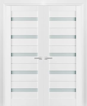 SARTODOORS Quadro 4445 | Double Swing Interior French Doors with Glass with Frosted Glass, MDF, Hardware Included, 84x84, White, Modern