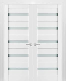 SARTODOORS Quadro 4445 | Double Swing Interior French Doors with Glass with Frosted Glass, MDF, Hardware Included, 60x80, White, Modern