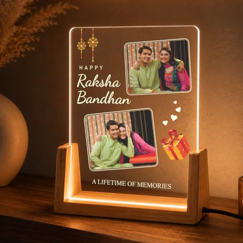 Image of Giftplease Personalized Raksha Bandhan LED Acrylic Photo Frame with Custom Pictures, Brother Sister Memory Lamp, Wooden USB Table Decor, Rakhi, Rakshabandhan, Festival Keepsake, Engraved Name Quote Display Plaque