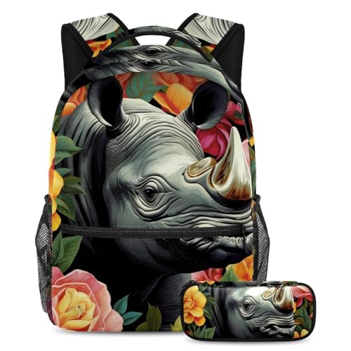 Cartables grande capacité motif rhinocéros d'art ensemble sac et trousse Large