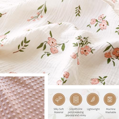 Image of BOPRIO Muslin Baby Blankets for Girls Super Soft Nursery Minky Blankets with Breathable Muslin Cotton Front and 3D Touch Dotted Fleece Backing, Pink Floral Printed Bed Throws Newborn 30 x 40 Inch