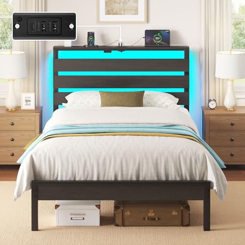 Rolanstar Bed Frame Twin Size with USB Charging Station, LED Bed Frame with Wood Storage Headboard, Black Metal Platform Bed with Under Bed Storage, No Box Spring Needed, Noise Free