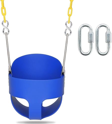 Asiento de columpio para niños con respaldo alto con cadenas y mosquetones recubiertos de plástico para una fácil instalación (azul)