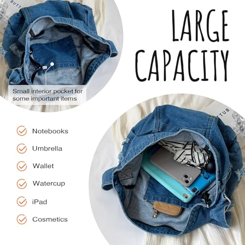 Image of Denim Shoulder Bag for Women,Canvas Tote Messenger Bag with Zipper,Large Casual Crossbody Hobo Handbag Denim Purse