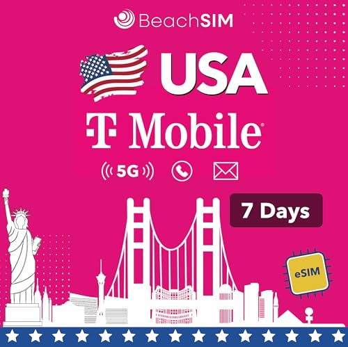 BeachSIM USA eSIM por 7 días. Datos, Llamadas Locales y Mensajes de Texto ilimitados en la Red T Mobile. Activación rápida y Recarga Sencilla. Compatible con Dispositivos compatibles con e SIM.