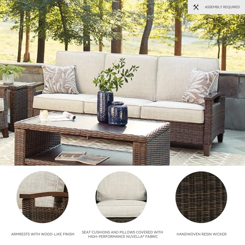 Signature Design by Ashley Paradise Trail Outdoor Patio Sofa with Cushion and 2 Pillows, Brown & Beige - Image 5