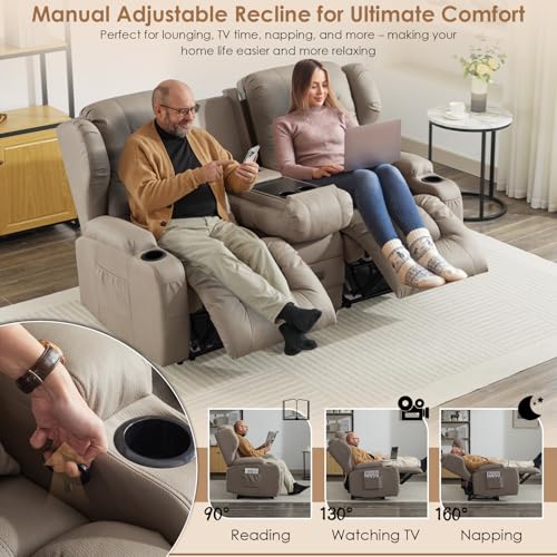 Image of SAMERY 67.6 inch RV Loveseat Recliner Double Recliner RV Sofa & Console | Wall Hugger Loveseat Reclining RV | RV Theater Seats | RV Couch | RV Home Theater Seating Furniture (Fabric Khaki)