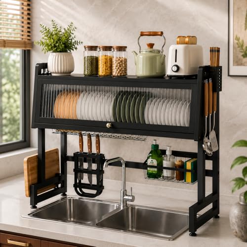 COMFYHOME Over the Sink Dish Drying Rack for Kitchen More Sturdy Stable with Door 105cm, Features Knife Rack, Cutting Board Holder, Storage Basket Ide