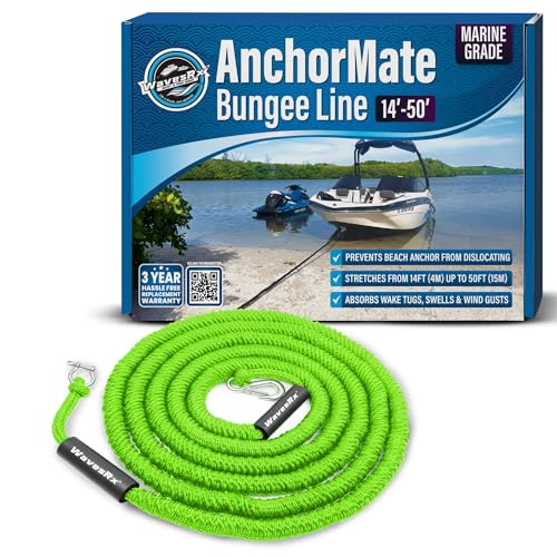 WavesRx 14-50 AnchorMate Bungee Line | Safer Anchoring for Boats & Pontoons | Elastic Rope Extends to Absorb Wake Tugs and Keep Anchor from Dislocating | Includes Bag Stainless Steel Hook & D Ring