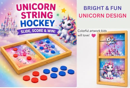 Image of Unicorn String Hockey Game for Kids & Family | Fast Sling Puck Board Game with 5 Red & 5 Blue Coins | Wooden Tabletop Indoor Outdoor Game | Birthday Return Gift for Boys Girls Age 5+