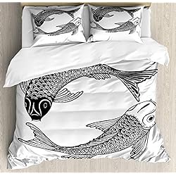 Almohada Japonesa Del Amor ABAKUHAUS Pez koi Funda Nórdica, Amor japonés Carpas, 2 Fundas para Almohada Set Decorativo de 3 Piezas, 220 x 220 cm - 75 x 50 cm, En Blanco y Negro