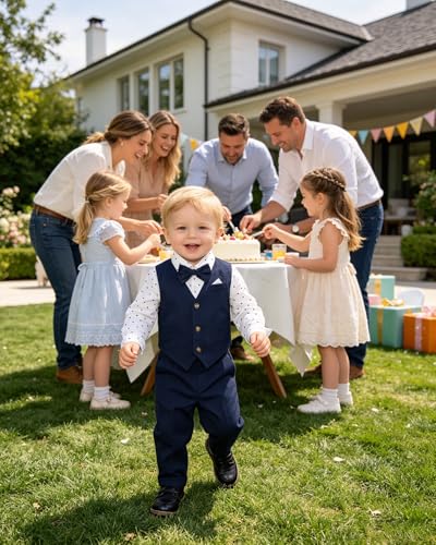 Image of SANGTREE Boys Suit Cotton Linen Formal Set Baby Boy Dress Clothes Gentleman Wedding Ring Bearer Outfits, 3 Months - 9 Years